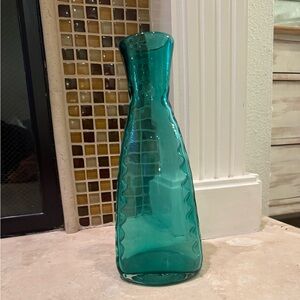 Vintage Blenko Hank Adams #932 Green Teal Rickrack Blown Art Glass Vase 11.25”